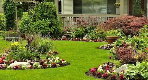 Beautifully landscaped yard with rocks, flowers and grass.