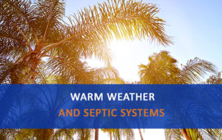 Sun shining through palm trees with word "Warm Weather and Septic Systems"
