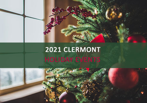 Photo of Tree with words "2021 Clermont Holiday Events"