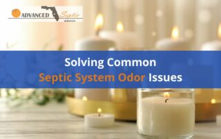 Image of White Candles on Bathroom Counter with Words "Solving Common Septic System Odor Issues"